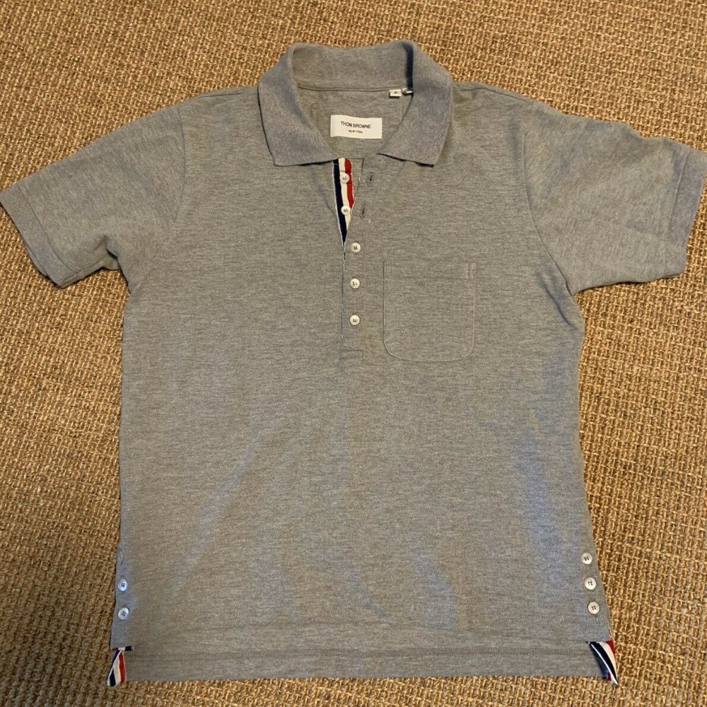 THOM BROWNE Button Polo Shirt - Size 2 in Grey